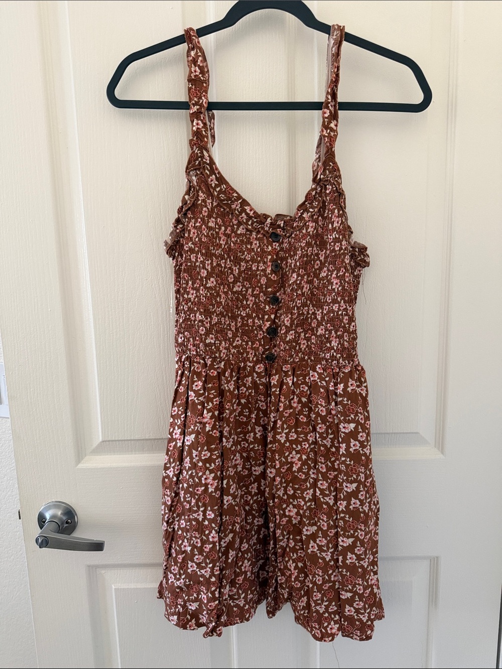 Rust Floral Smocked Mini Dress with Buttons